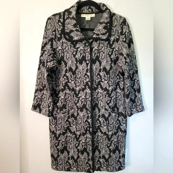 Women's WOOL black gray paisley button-up fall winter sweater coat, size PL - Picture 1 of 10